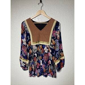 Rd + Koko Anthropologie Top Blouse Large Boho Peasant Babydoll Metallic Trim